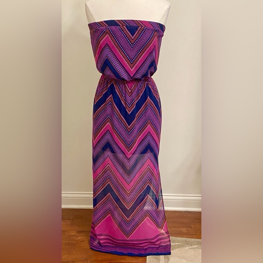 Express Purple Blue Chevron XS Retro Boho Chic Festival Y2K Chiffon Maxi Dress